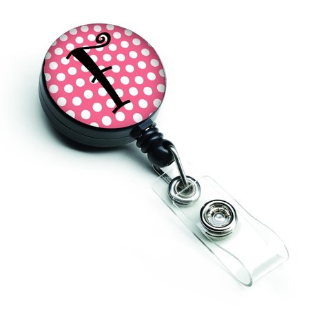 CAROLINES TREASURES Letter F Monogram Pink and Black Polka Dots Retractable Badge Reel CJ1001-FBR